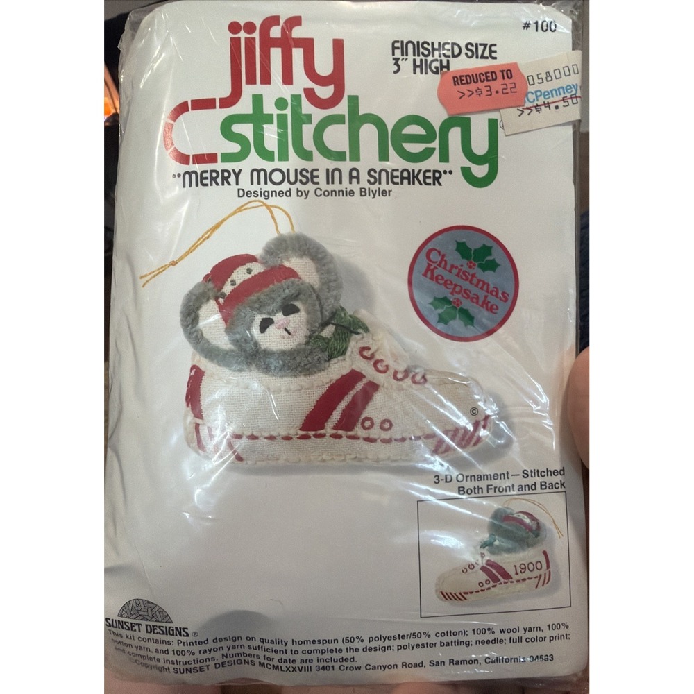 Sunset Designs‎ Jiffy Stitchers Merry Mouse In A Sneaker' #100 3 D Ornament Kit